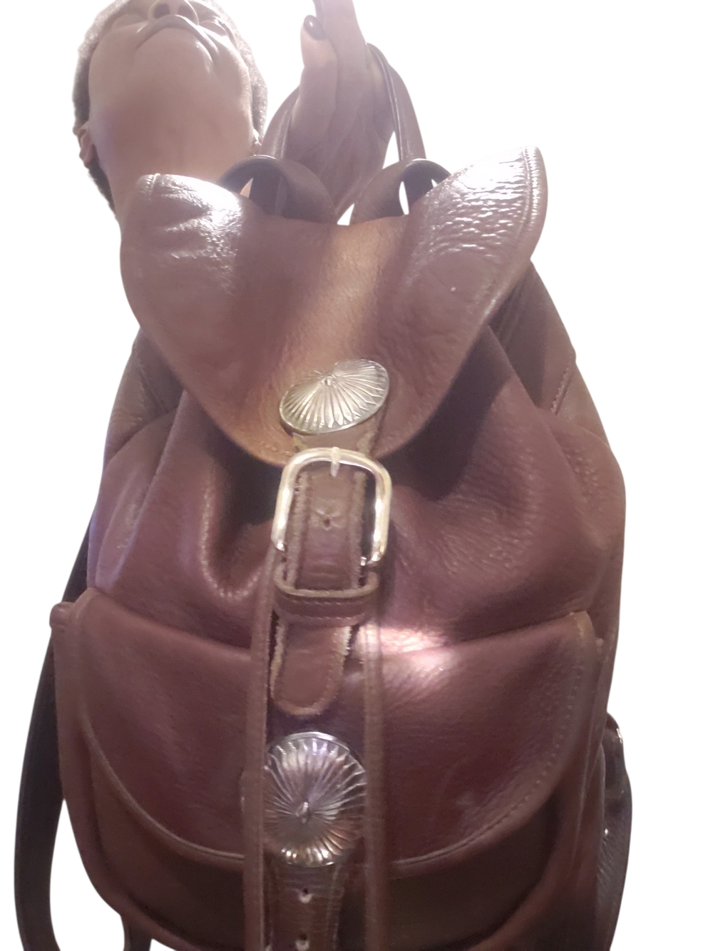 Western style Rugged Pebbled Leather Backpack with Silver Concho Accent - Picture 6 of 13